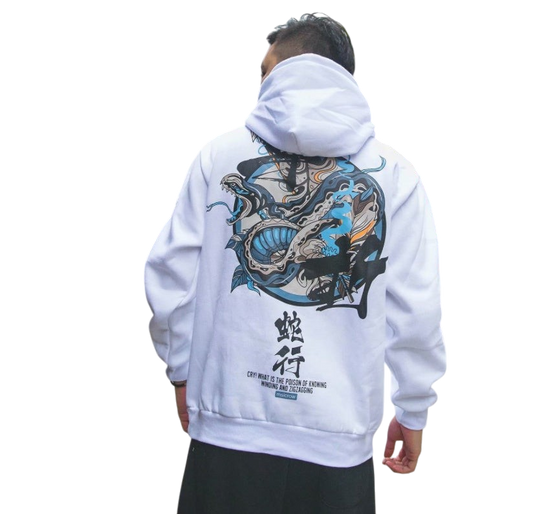 Wasted Relic white cotton hoodie featuring a detailed back graphic of a snake and Chinese calligraphy in a street setting