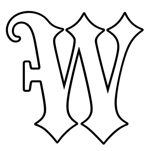 A stylized white monogram letter W with black outline on a transparent checkerboard background.
